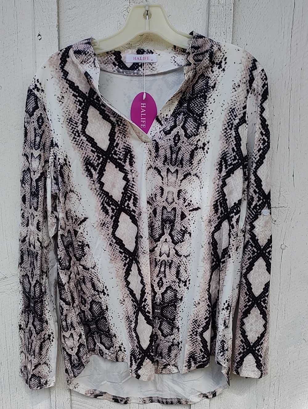 Halife Long Sleeve Snake Print V-Neck Tee - White & Brown
